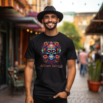 Calavera Colorida 06 T-shirt czarny  z nadrukiem